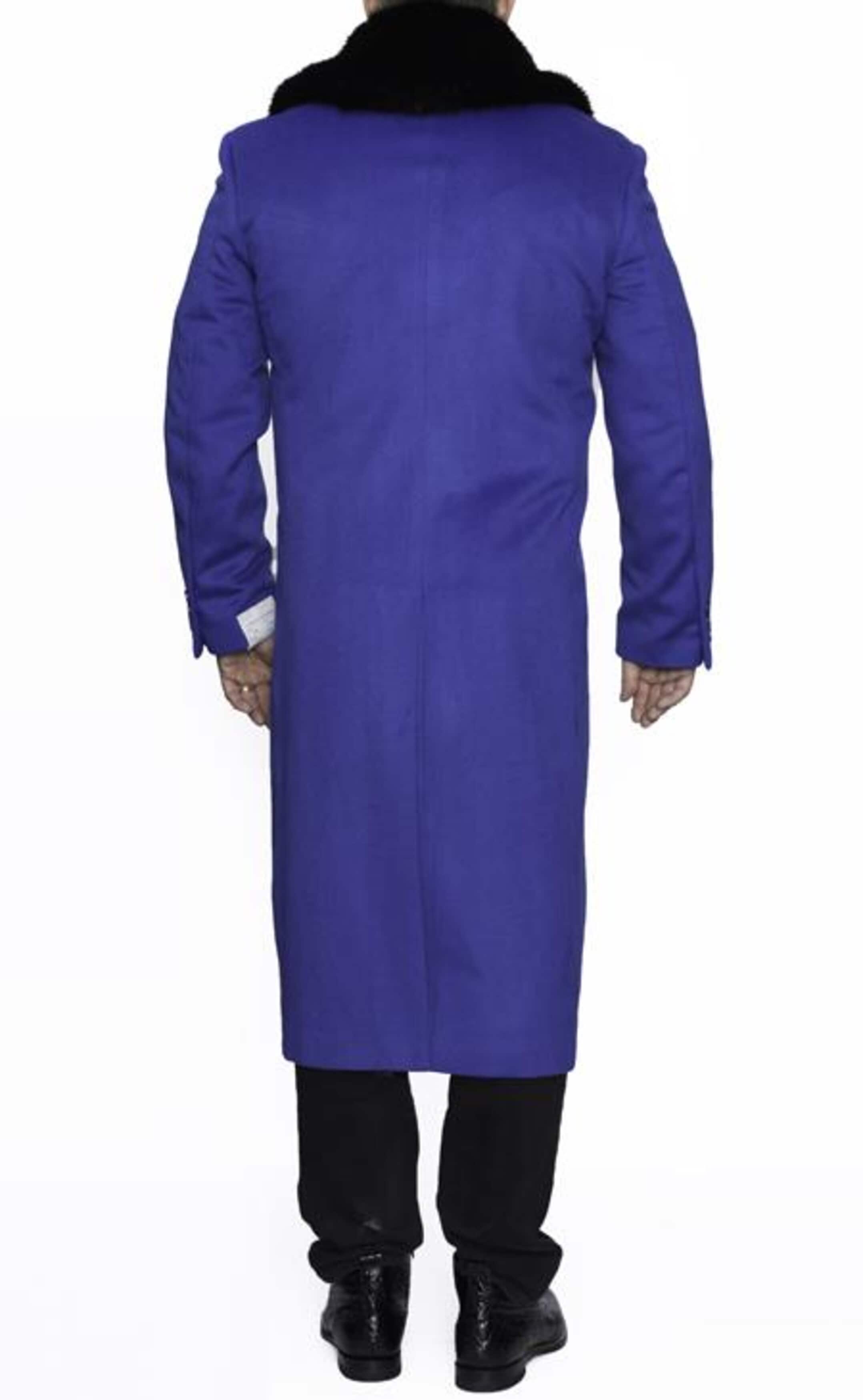 Removable Fur Collar Full Length Ankle length Wool Dress Top Coat / Overcoat In Royal Blue - Mens Overcoat