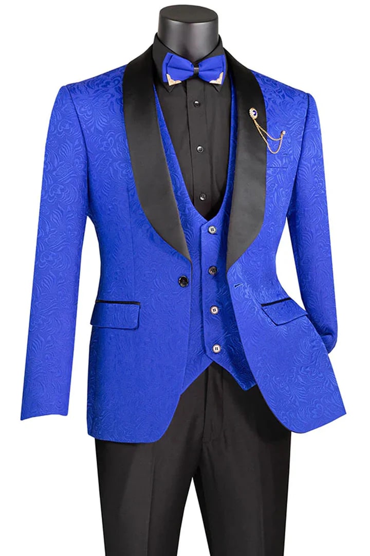 Men's Slim Fit Vested Paisley Royal Blue Tuxedo