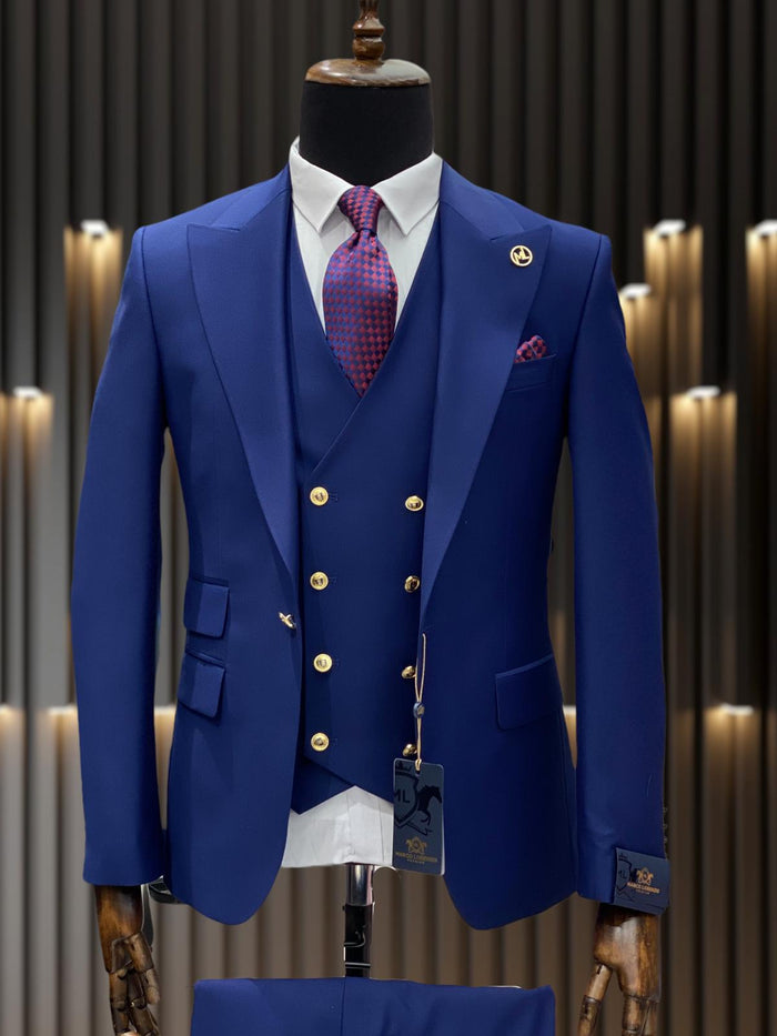 Ivory and Gold Button Wedding Suit - Off White Cream Peak Lapel with Double breasted Vest
