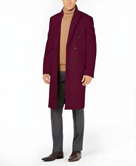 Men's Burgundy Double Breasted Overcoat - Maroon Peacoat - Three Quarter Wool And Cashmere Coat