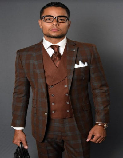 Brown Plaid Suit - Copper - Orange - Rust Color Windowpane Pattern Suit - Wool Suit - Notch Lapel Side Vented Modern Fit 1   - from alligatorwarehouse.com