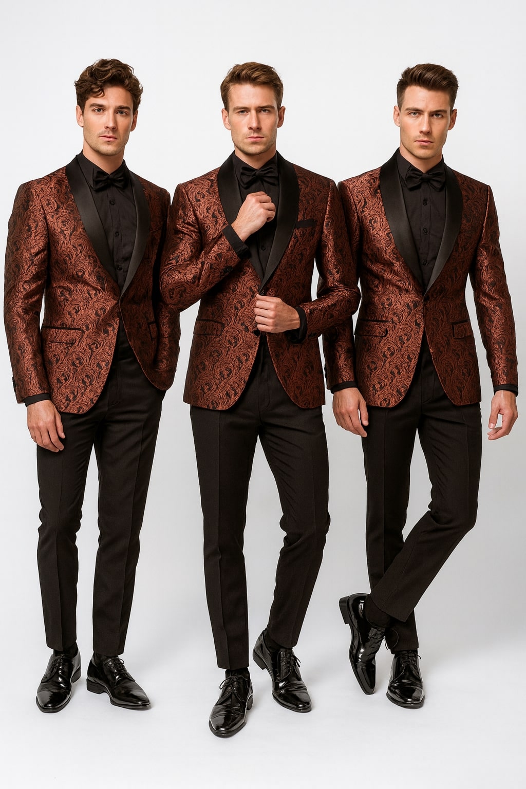 Mens Rust Copper Brick Color Paisley Tuxedo Jacket  Dinner and Wedding Blazer With Black Pants Matching Bowtie