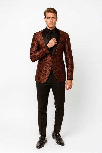 Mens Rust Copper Brick Color Paisley Tuxedo Jacket  Dinner and Wedding Blazer With Black Pants Matching Bowtie 1   - from alligatorwarehouse.com