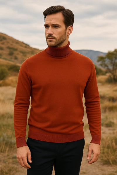 Mens Rust Red Turtleneck Sweater – Slim fit Lightweight Knit Pullover in Brick Color 5   - from alligatorwarehouse.com