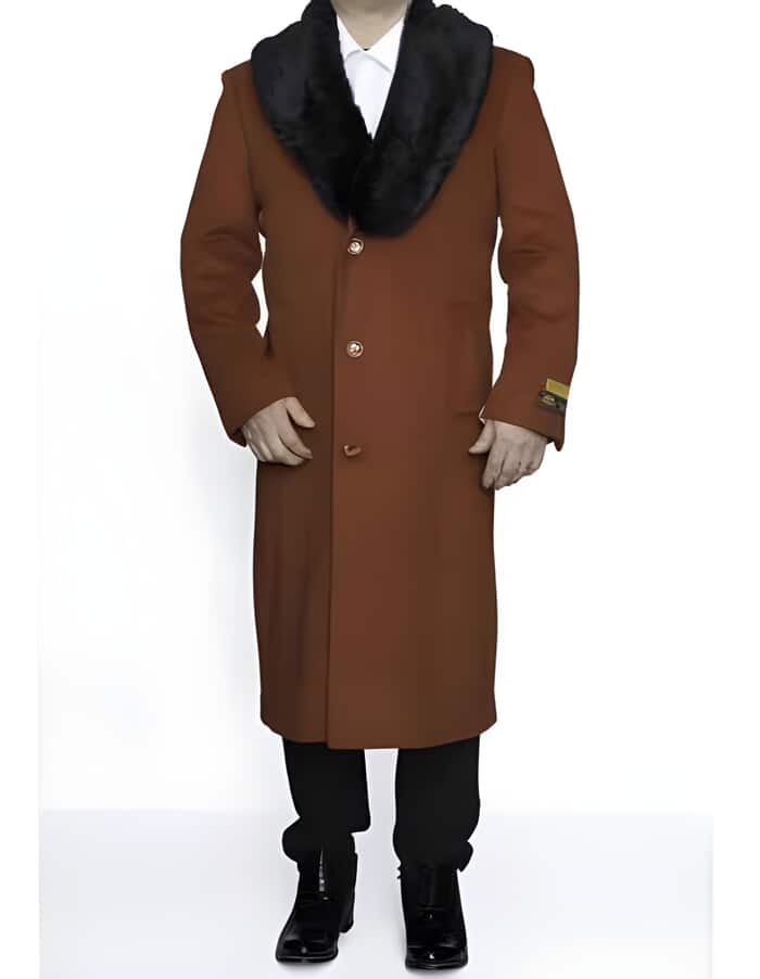 Rust Removable Fur Collar Full Length Wool Ankle length Dress Top Coat/Overcoat - Mens Overcoat