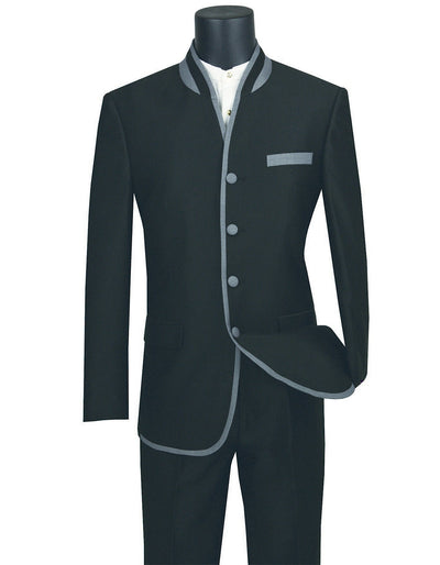 Mens 4 button Mandarin Tuxedo in Sharkskin Black with Grey Trim 1 4H-2986  - from alligatorwarehouse.com