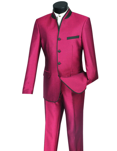 Mens 4 button Mandarin Tuxedo in Sharkskin Burgundy with Black Trim 1 7J-3545  - from alligatorwarehouse.com