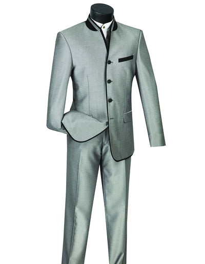 Mens 4 button Mandarin Tuxedo in Sharkskin Silver Grey with Black Trim 1 18-6081  - from alligatorwarehouse.com