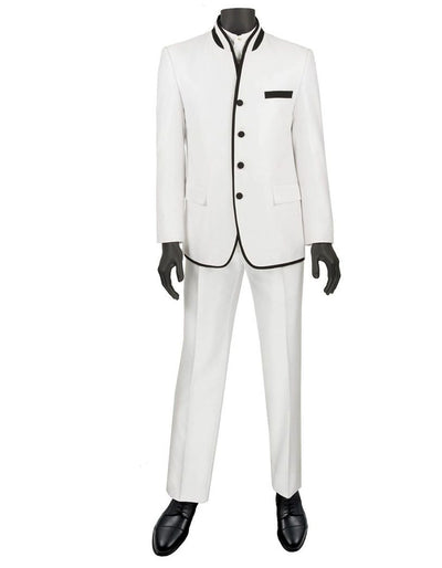 Mens 4 button Mandarin Tuxedo in Sharkskin White with Black Trim 1 TI-7095  - from alligatorwarehouse.com