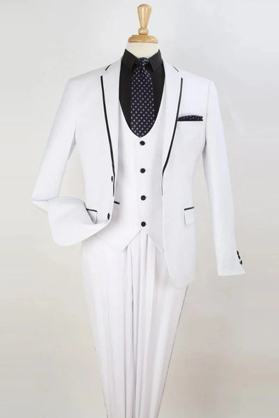 Mens Two Button Slim Fit Vested Prom Tuxedo Suit with Trim in White 1 4P-7518  - from alligatorwarehouse.com