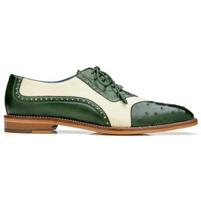 Belvedere Sesto Forest Green / Cream Genuine Ostrich Quill  Italian Calf Wingtip Shoes 1 MEN R54 FOREST GREEN / CREAM-M-06  - from alligatorwarehouse.com