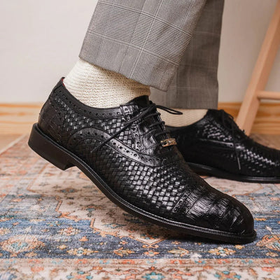 Marco Di Milano John Men's Shoes Exotic Caiman Crocodile / Woven Leather Dress Oxfords 7 JOHN_CAIMAN FUSCUS_BLACK_8.5  - from alligatorwarehouse.com