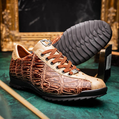 Marco Di Milano Saulo Men's Shoes Orix Beige & Brown Exotic Ostich / Alligator Casual Sneakers 8 SAULO_ALLIGATOR-OSTRICH_ORIX_8  - from alligatorwarehouse.com