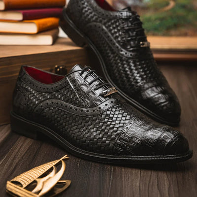 Marco Di Milano John Men's Shoes Exotic Caiman Crocodile / Woven Leather Dress Oxfords 9 JOHN_CAIMAN FUSCUS_BLACK_8.5  - from alligatorwarehouse.com