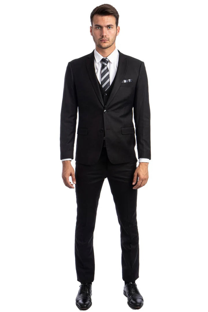 Men's Two Button Slim Fit Vested Solid Basic Color Suit in Black