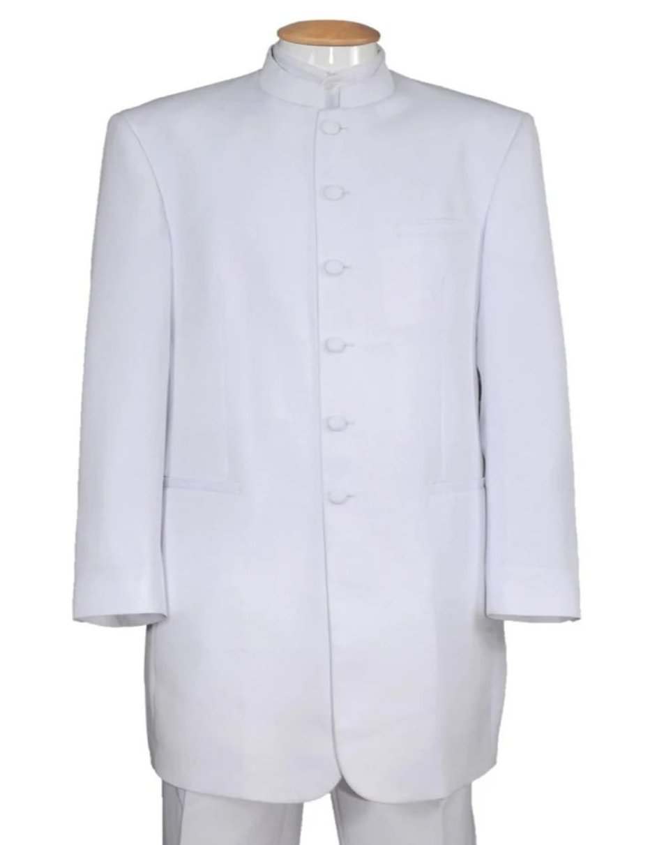 White Wedding Suit For Men - Perfect For Groom - Mens Long Mandarin Collar Tuxedo In White 1   - from alligatorwarehouse.com