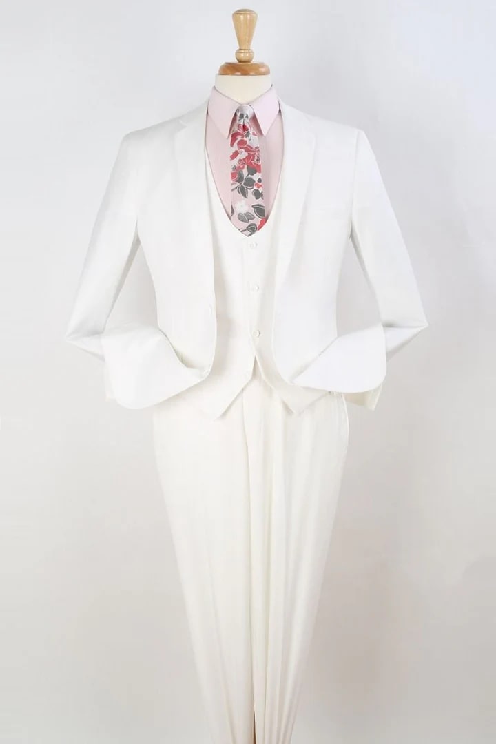 White Wedding Suit For Men - Perfect For Groom - Mens Two Button Slim Fit Scoop Vested Suit In White