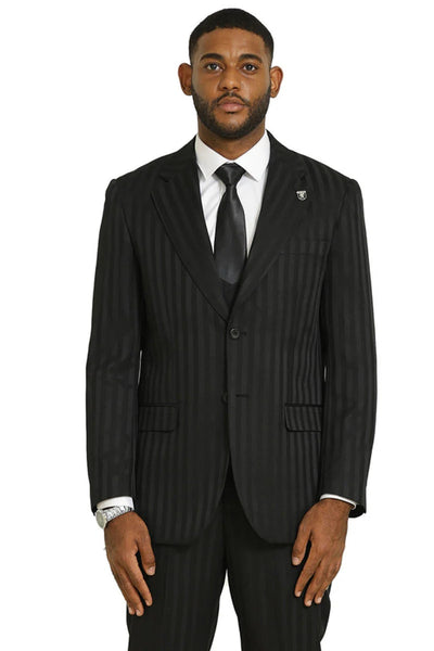 Stacy Adams Modern Fit Black Suit – Vested Tonal Shadow Pinstripe Style 1   - from alligatorwarehouse.com