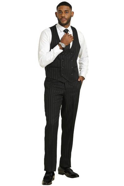 Stacy Adams Modern Fit Black Suit – Vested Tonal Shadow Pinstripe Style 5   - from alligatorwarehouse.com