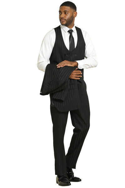 Stacy Adams Modern Fit Black Suit – Vested Tonal Shadow Pinstripe Style 2   - from alligatorwarehouse.com