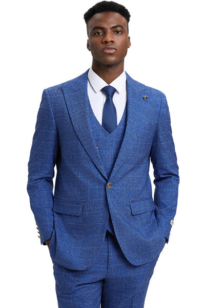 Men's Stacy Adam's One Button Vested Peak Lapel Business Suit in Navy Blue Plaid 1 SM163H1-11-36R  - from alligatorwarehouse.com