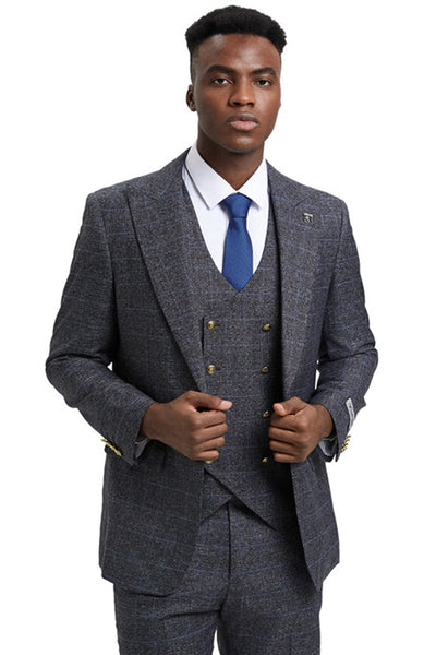 Men's Stacy Adam's One Button Vested Peak Lapel Business Suit in Charcoal Grey Plaid 1 SM163H1-12-36R  - from alligatorwarehouse.com