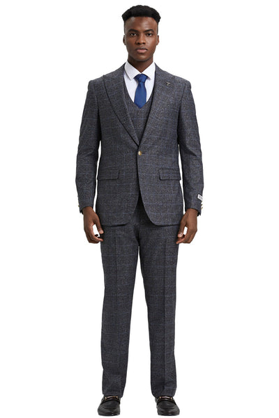 Men's Stacy Adam's One Button Vested Peak Lapel Business Suit in Charcoal Grey Plaid 2 SM163H1-12-36R  - from alligatorwarehouse.com
