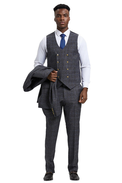 Men's Stacy Adam's One Button Vested Peak Lapel Business Suit in Charcoal Grey Plaid 3 SM163H1-12-36R  - from alligatorwarehouse.com