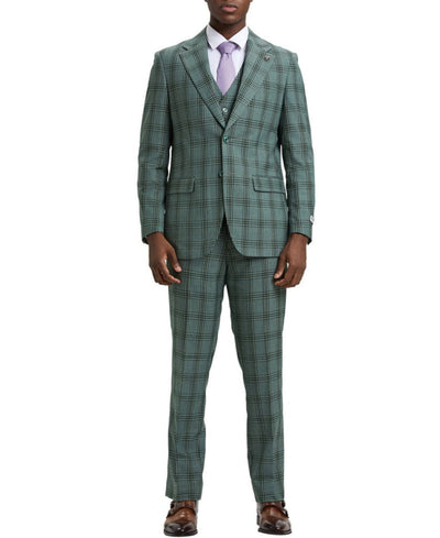 Stacy Adams - Hybrid Fit Plaid 3 Piece Green Suit 1 SO4SM166H1-05-38R  - from alligatorwarehouse.com