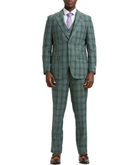 Stacy Adams - Hybrid Fit Plaid 3 Piece Green Suit