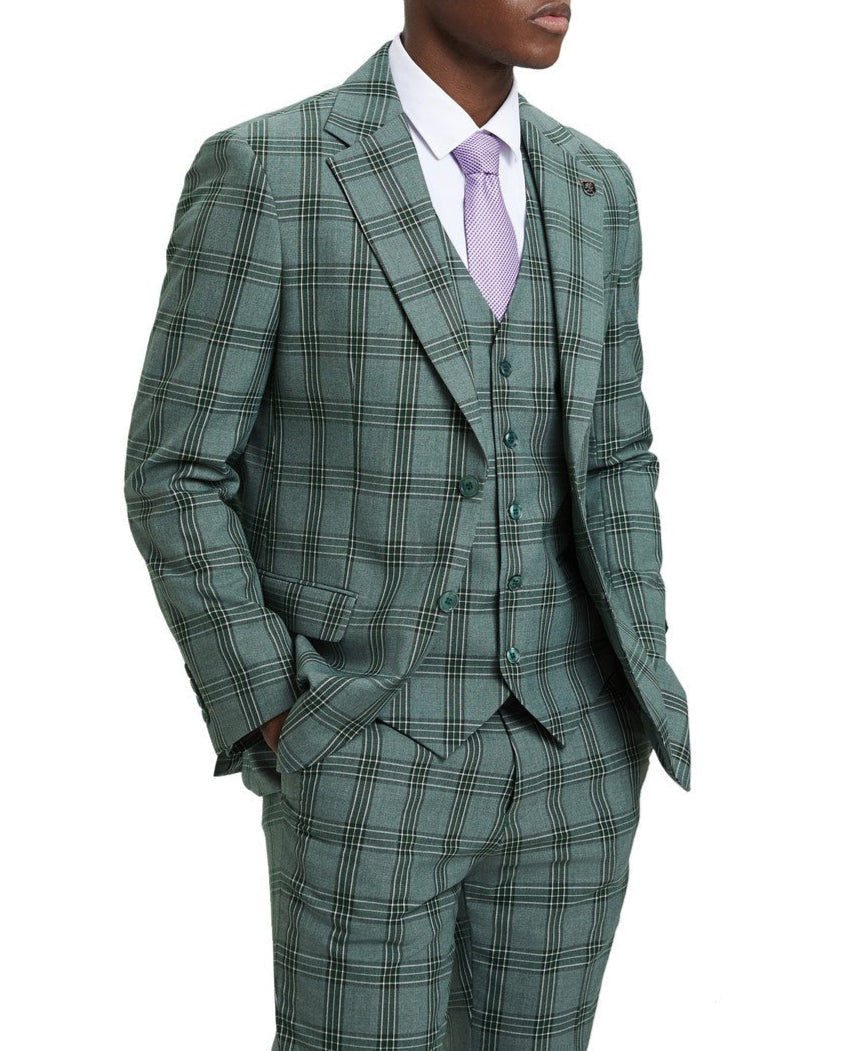 Stacy Adams - Hybrid Fit Plaid 3 Piece Green Suit