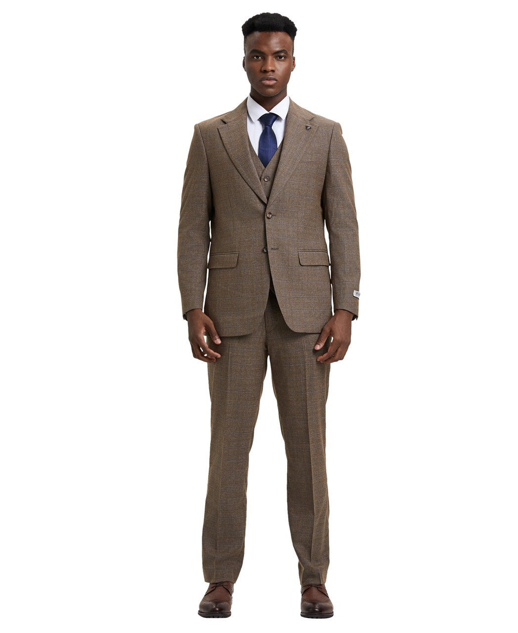 Stacy Adams - 3 Piece Suit Glen Plaid Hybrid Fit Notch Lapel in Brown with Adjustable Waistband