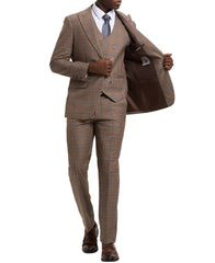 Stacy Adams - Brown 3 Piece 2 Button Plaid Peak Lapel Suit