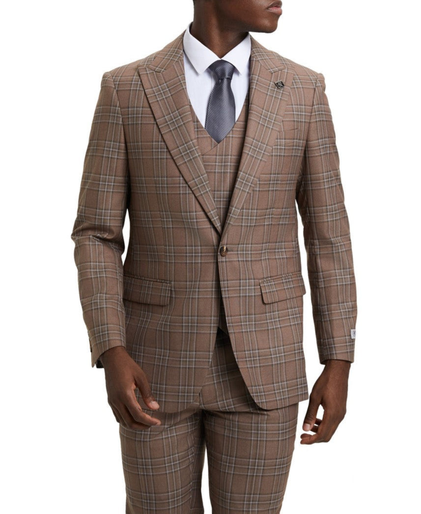 Stacy Adams - Brown 3 Piece 2 Button Plaid Peak Lapel Suit