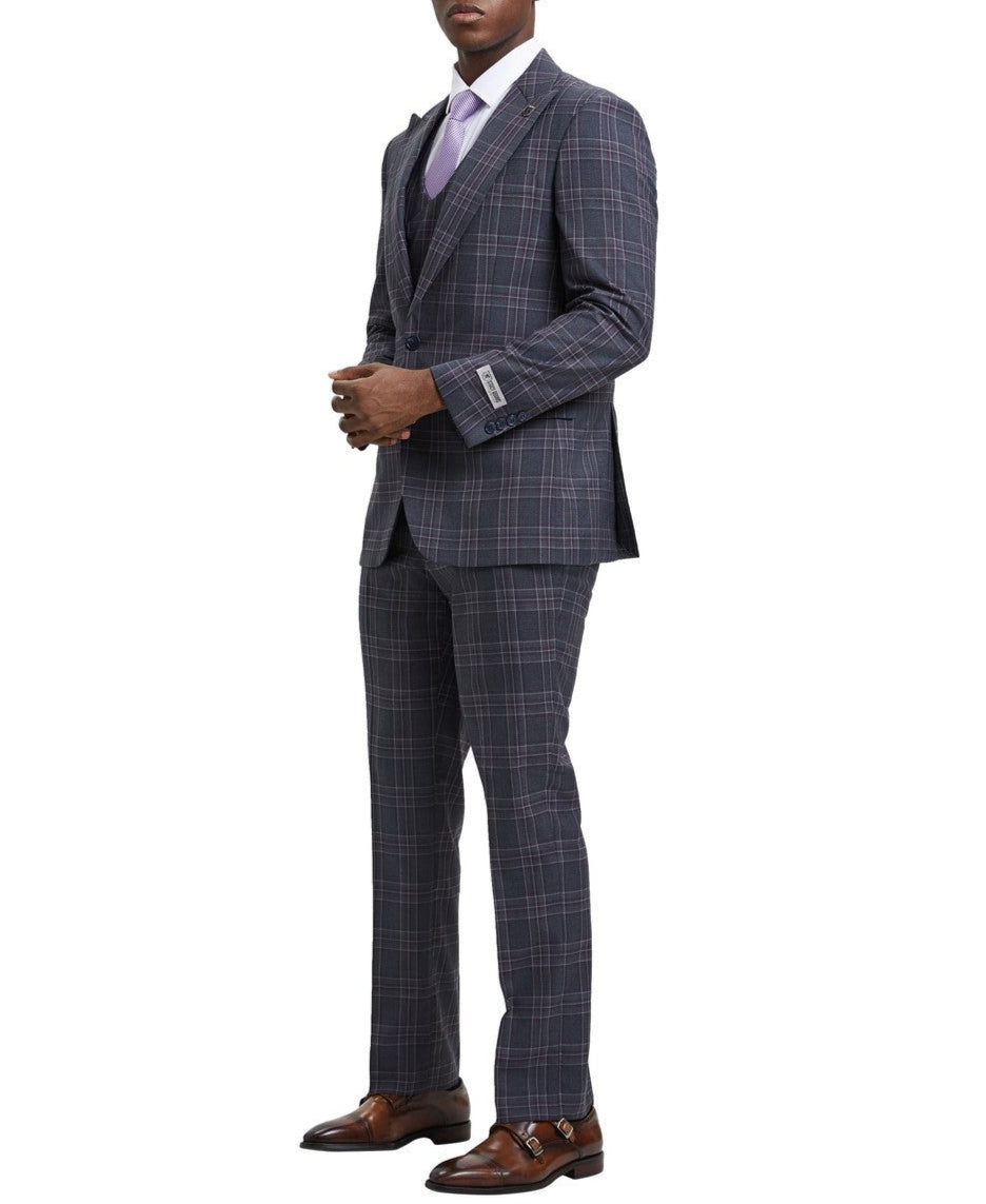 Stacy Adams - Grey 3 Piece 2 Button Plaid Peak Lapel Suit 4 SO4SM170H1-11-GREY  - from alligatorwarehouse.com