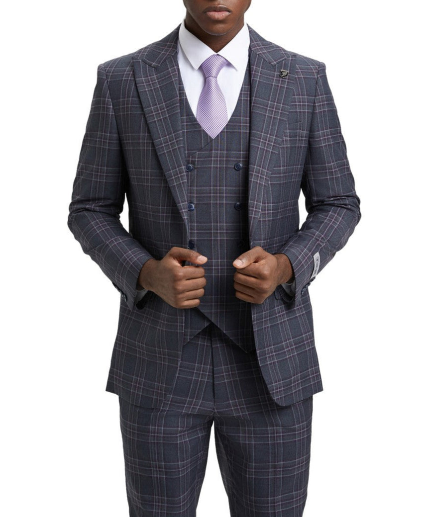 Stacy Adams - Grey 3 Piece 2 Button Plaid Peak Lapel Suit 3 SO4SM170H1-11-GREY  - from alligatorwarehouse.com