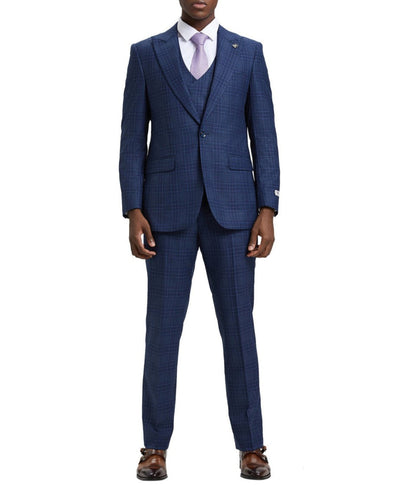 Stacy Adams - Blue 3 Piece 2 Button Plaid Peak Lapel Suit 1 SO4SM170H1-12-38R  - from alligatorwarehouse.com