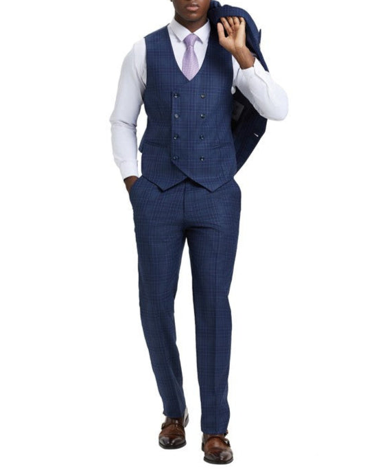 Stacy Adams - Blue 3 Piece 2 Button Plaid Peak Lapel Suit