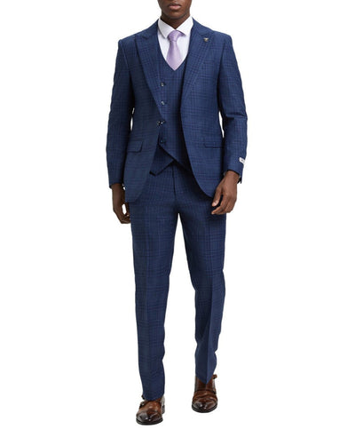 Stacy Adams - Blue 3 Piece 2 Button Plaid Peak Lapel Suit 4 SO4SM170H1-12-38R  - from alligatorwarehouse.com