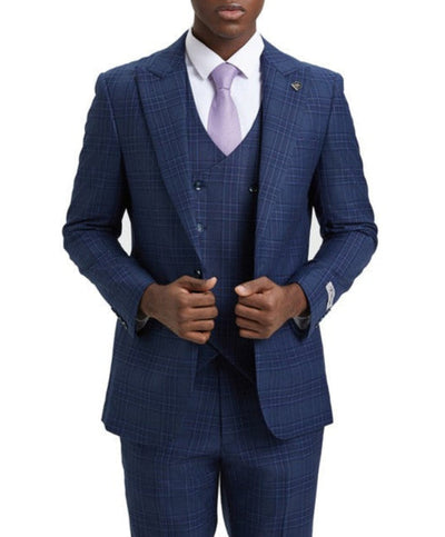 Stacy Adams - Blue 3 Piece 2 Button Plaid Peak Lapel Suit 3 SO4SM170H1-12-38R  - from alligatorwarehouse.com