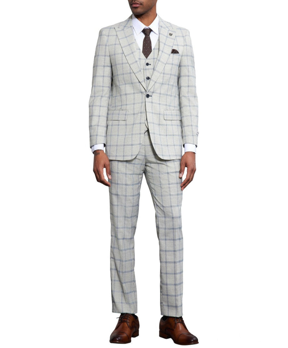 Stacy Adams - 3 Piece Windowpane Suit Hybrid Fit in Light Grey