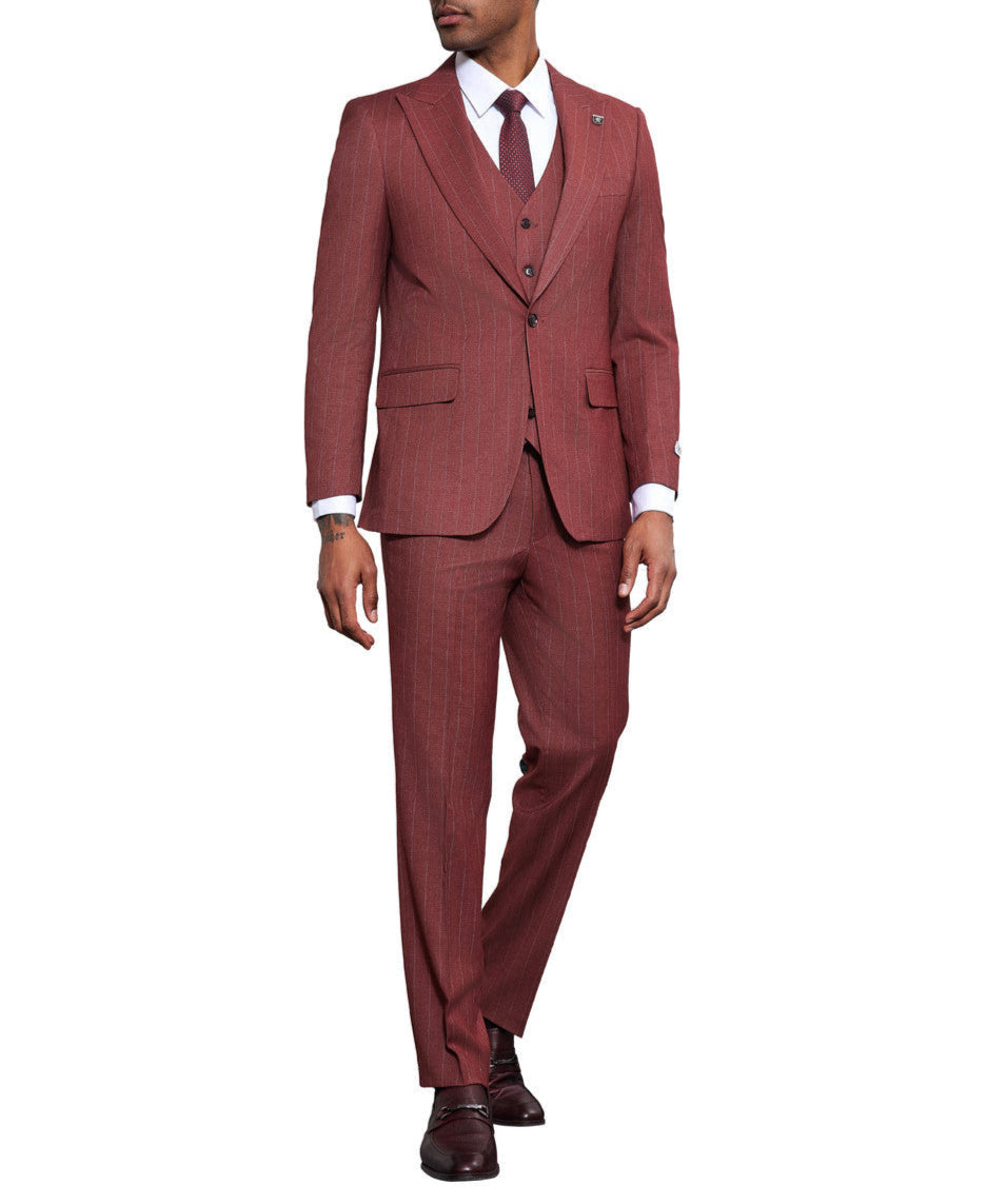 Stacy Adams - 3 Piece Pinstripe Hybrid Fit 1 Button Suit 3 SO4SM176H1-01-WINE  - from alligatorwarehouse.com