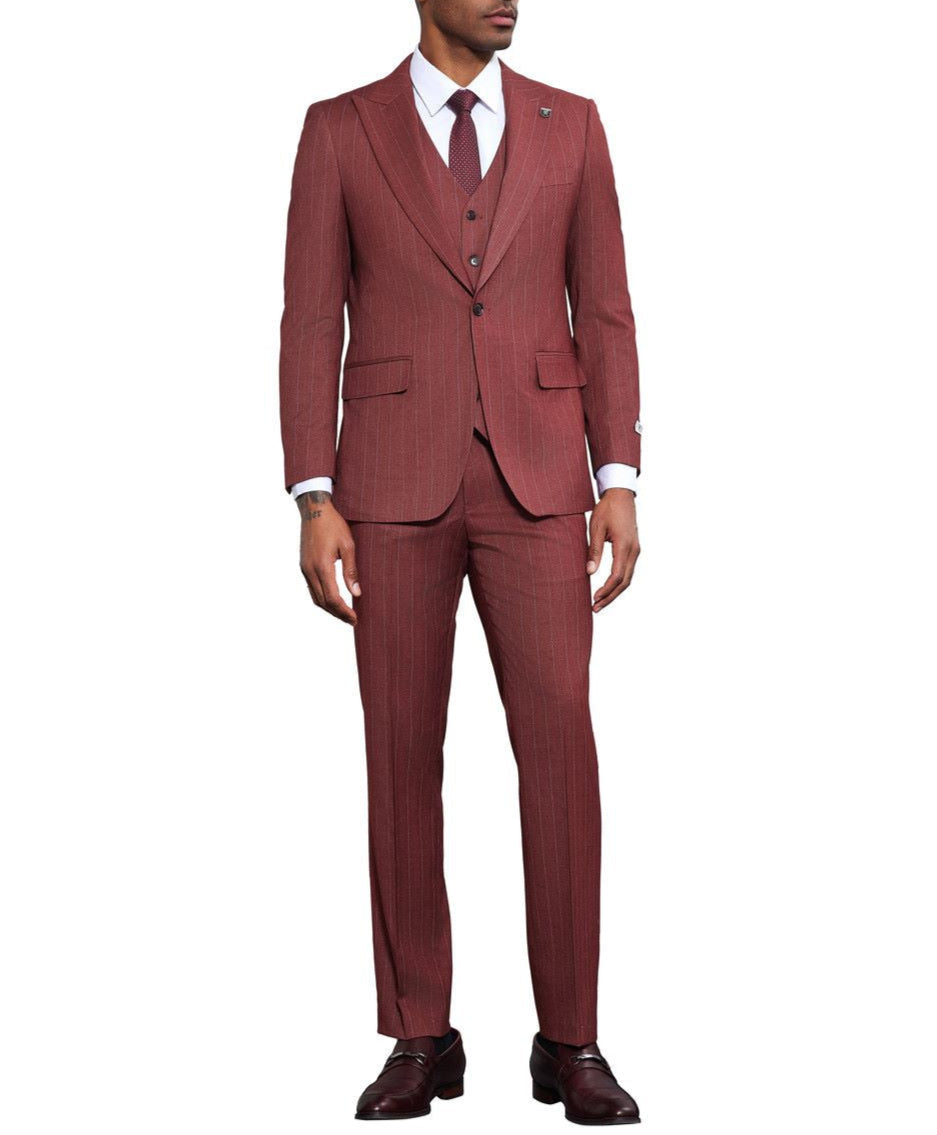 Stacy Adams - 3 Piece Pinstripe Hybrid Fit 1 Button Suit 1 SO4SM176H1-01-WINE  - from alligatorwarehouse.com