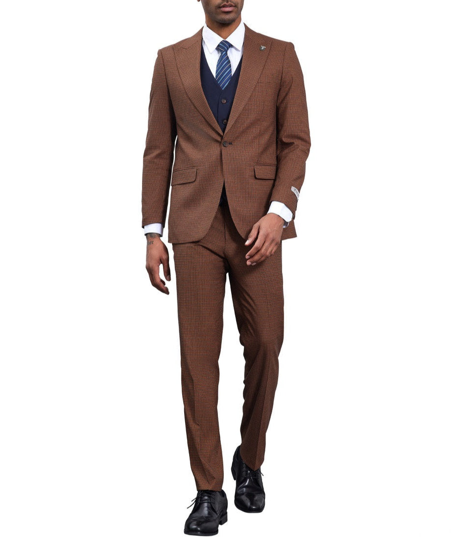 Stacy Adams - 3 Piece Suit Glen Plaid Hybrid Fit Peak Lapel in Brown