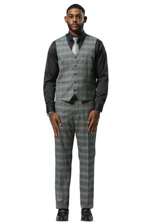 Men's Stacy Adams One Button Vested Peak Lapel Suit in Grey Glen Plaid