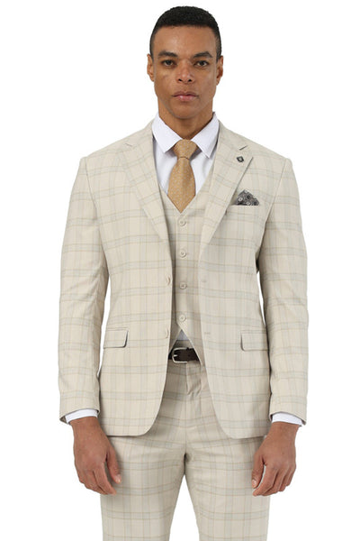 Men's Designer Stacy Adams Vested Glen Plaid Suit in Beige 1 SM203H1-120-34R  - from alligatorwarehouse.com
