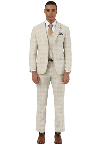 Men's Designer Stacy Adams Vested Glen Plaid Suit in Beige 2 SM203H1-120-34R  - from alligatorwarehouse.com