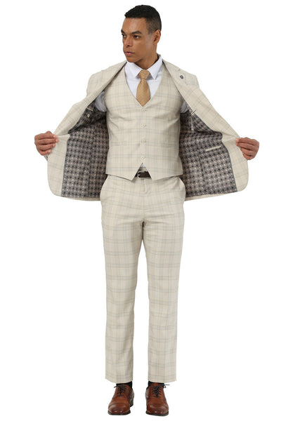 Men's Designer Stacy Adams Vested Glen Plaid Suit in Beige 4 SM203H1-120-34R  - from alligatorwarehouse.com