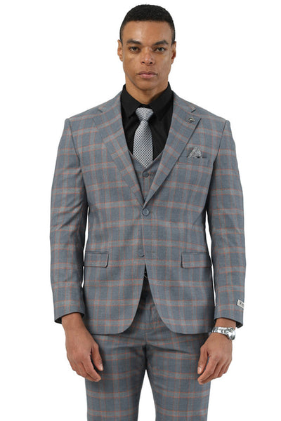 Men's Designer Stacy Adams Vested Glen Plaid Suit in Grey & Orange 1 SM203H1-122-34R  - from alligatorwarehouse.com