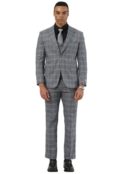 Men's Designer Stacy Adams Vested Glen Plaid Suit in Grey & Orange 2 SM203H1-122-34R  - from alligatorwarehouse.com